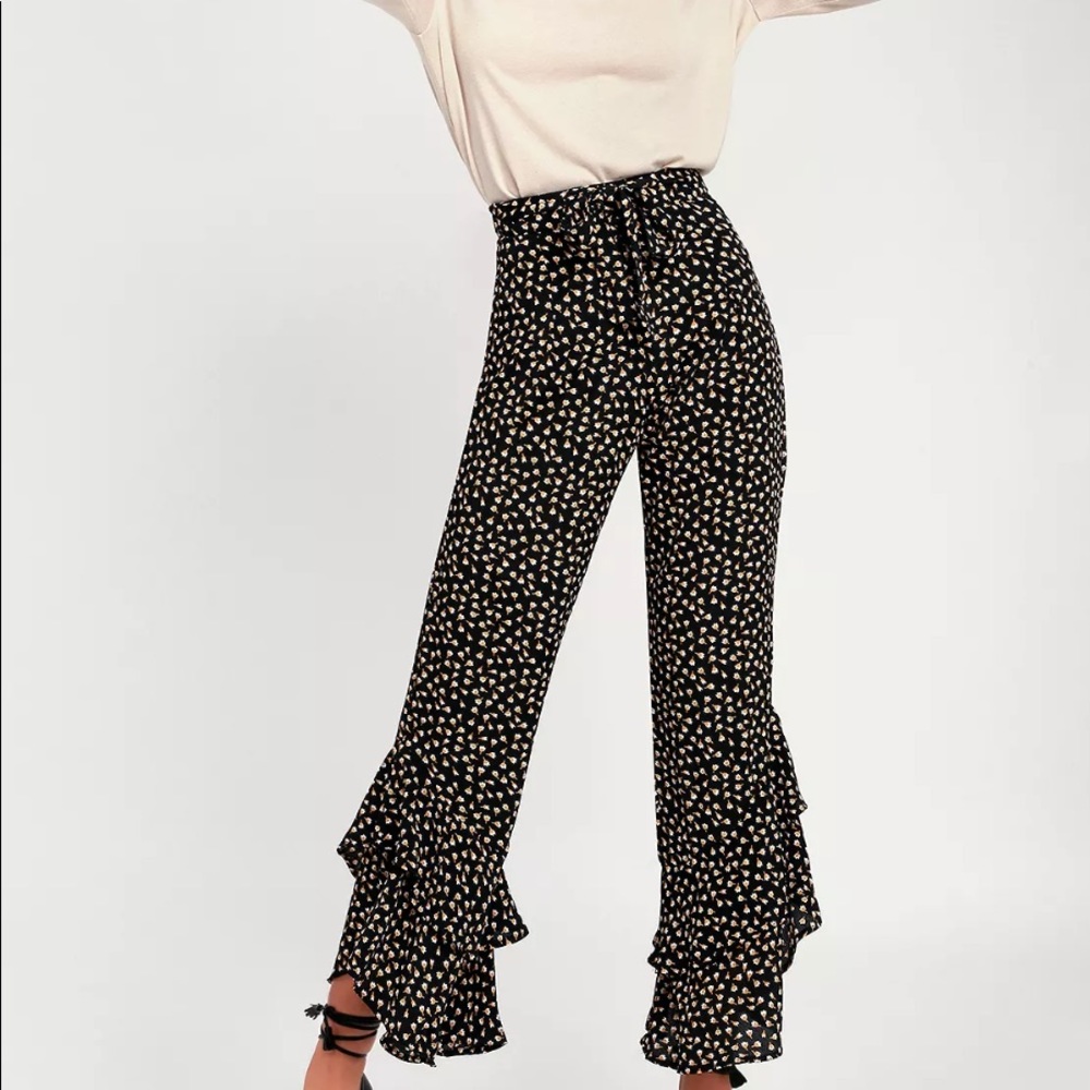 Seville black floral print ruffle hem pants